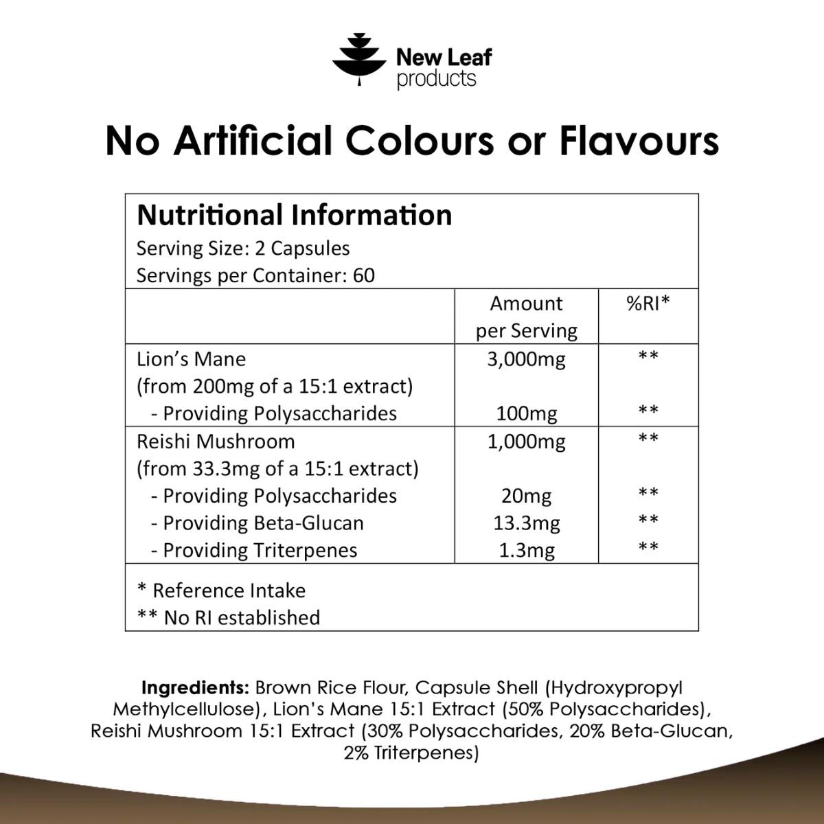 Nutritional information label for New Leaf products with ingredients listed.