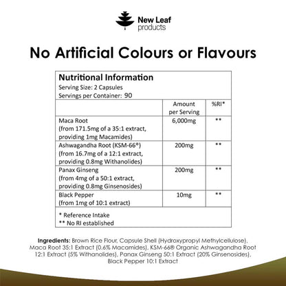 New Leaf Maca Root 6000mg with KSM Ashwagandha & Ginseng 180
