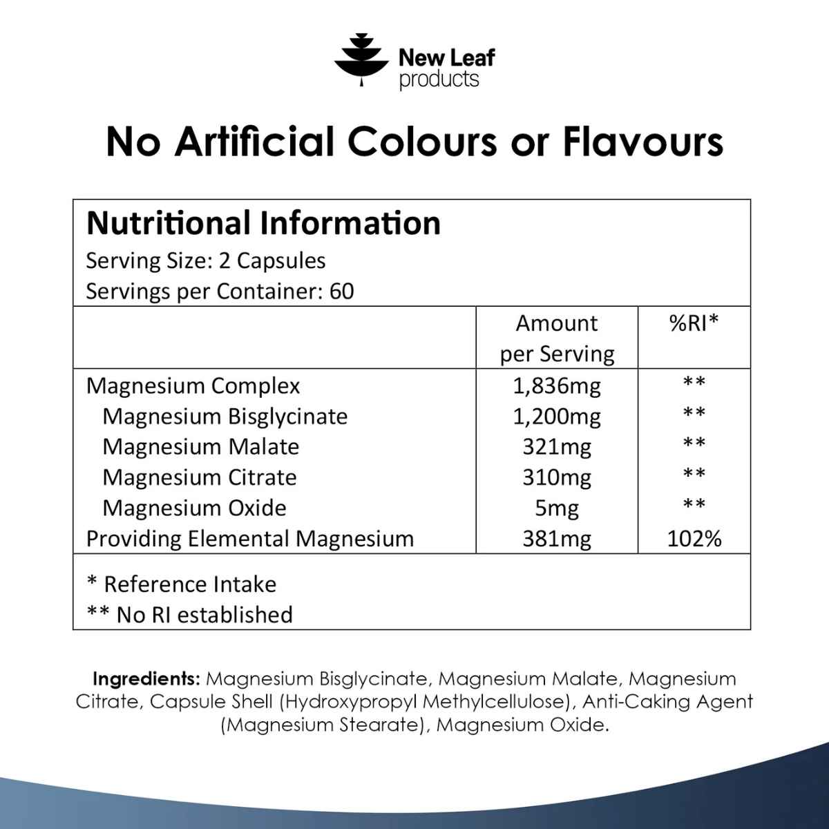 Nutritional information label for New Leaf products Magnesium Complex 4 in 1 with magnesium content details