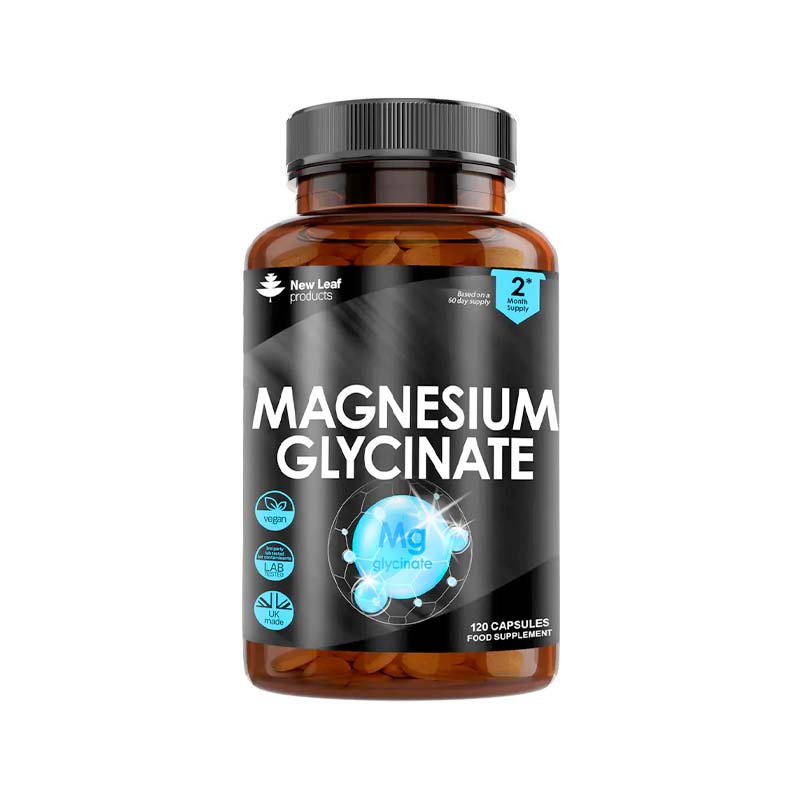 Bottle of New Leaf Magnesium Glycinate 120 Tablets, with label indicating the magnesium content and product benefits.