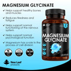 Bottle of New Leaf Magnesium Glycinate 120 Tablets, with label indicating the magnesium content and product benefits.