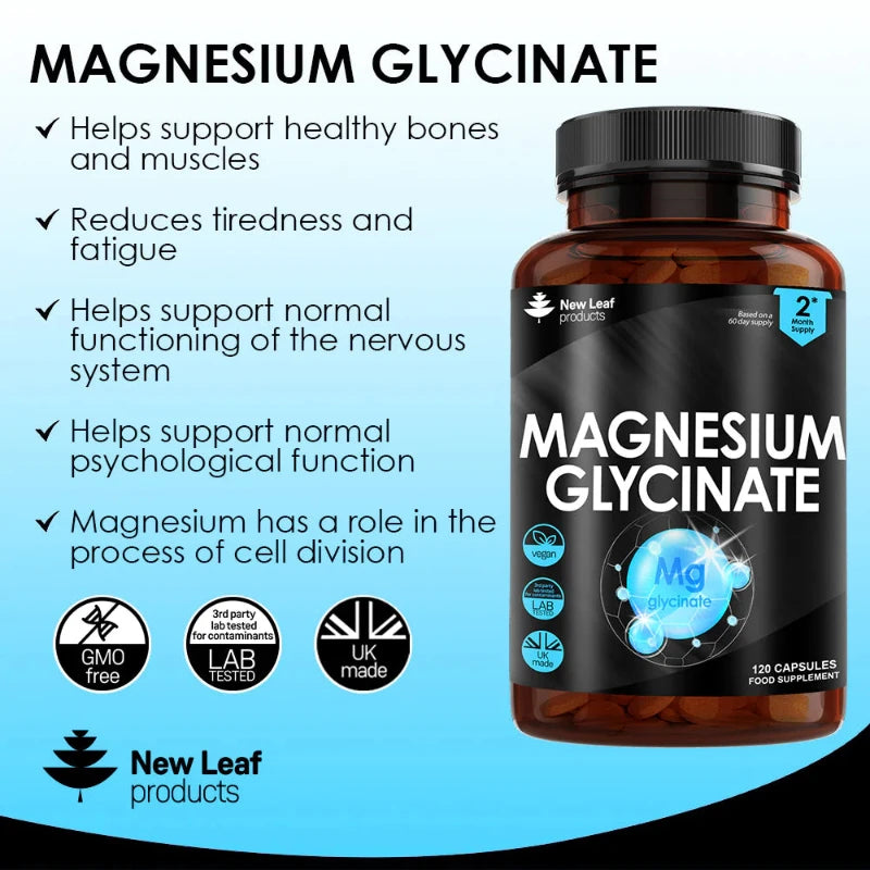 Bottle of New Leaf Magnesium Glycinate 120 Tablets, with label indicating the magnesium content and product benefits.