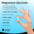 Bottle of New Leaf Magnesium Glycinate 120 Tablets, with label indicating the magnesium content and product benefits.