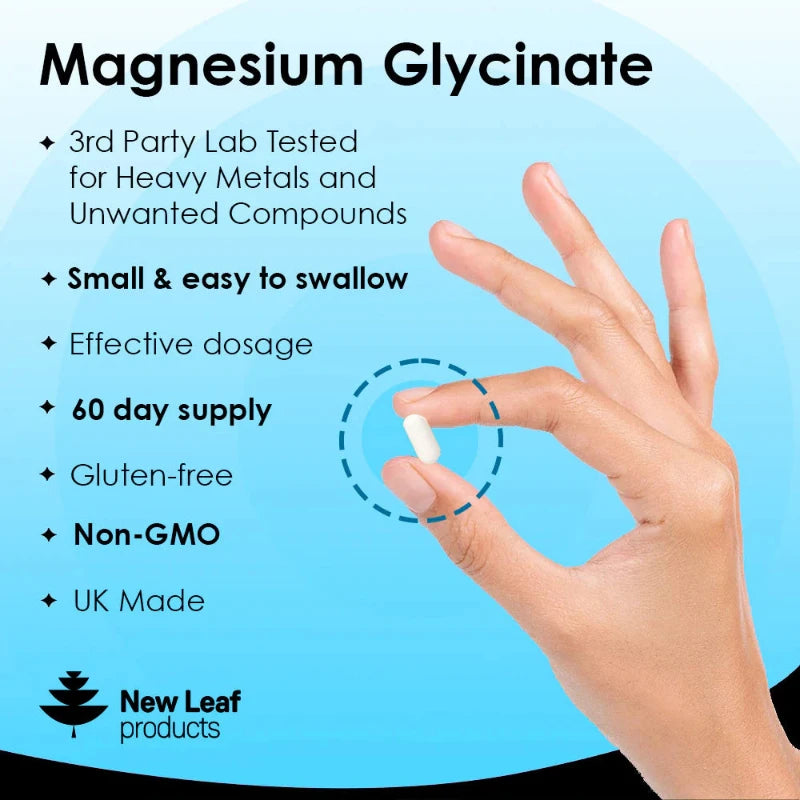 Bottle of New Leaf Magnesium Glycinate 120 Tablets, with label indicating the magnesium content and product benefits.