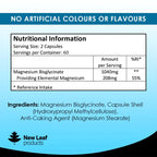 Bottle of New Leaf Magnesium Glycinate 120 Tablets, with label indicating the magnesium content and product benefits.
