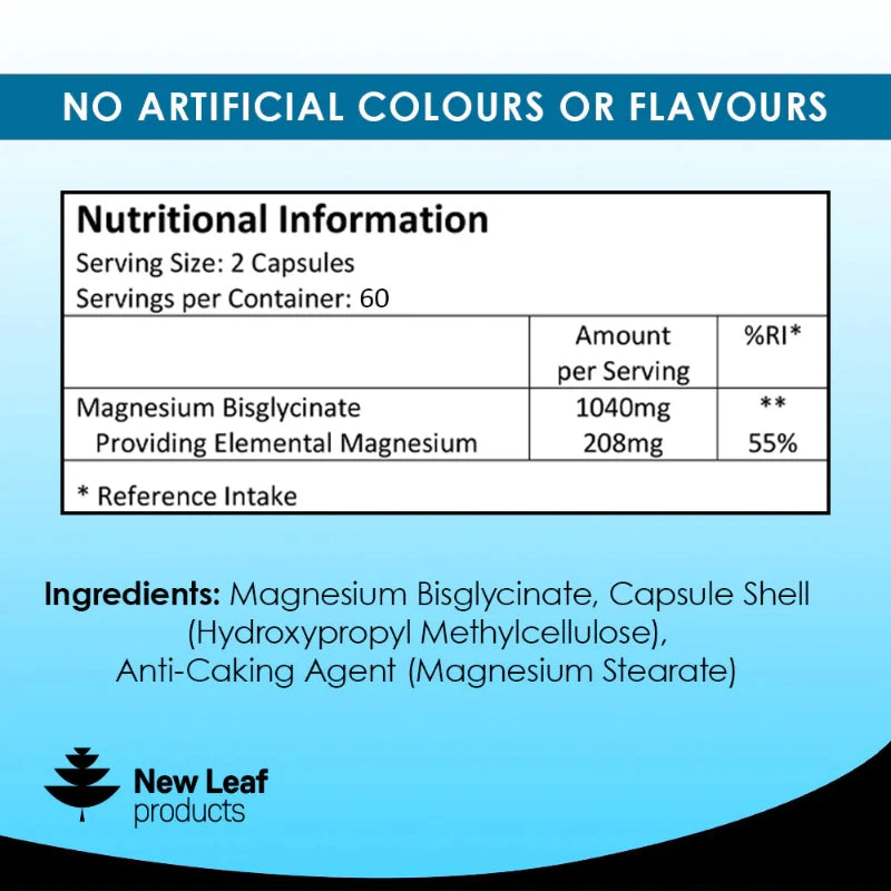Bottle of New Leaf Magnesium Glycinate 120 Tablets, with label indicating the magnesium content and product benefits.
