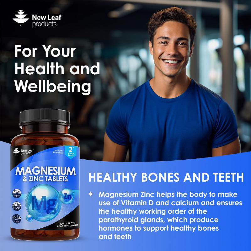 A bottle of New Leaf Magnesium & Zinc Tablets with 120 tablets
