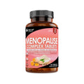 A bottle of New Leaf Menopause Complex Tablets with a label showing the product name, images of turmeric, ashwagandha, and maca root, and additional details such as '120 Tablets' and '2 Month Supply'.