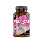 A bottle of New Leaf Milk Thistle 4000mg 120 tablets with a pink label, displaying the product name and an image of milk thistle plant.