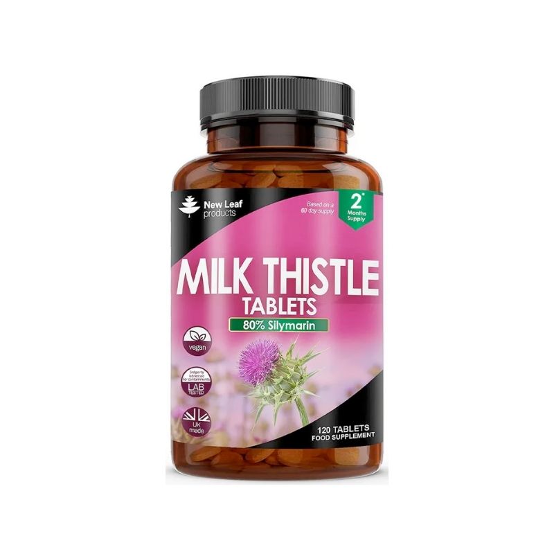 A bottle of New Leaf Milk Thistle 4000mg 120 tablets with a pink label, displaying the product name and an image of milk thistle plant.