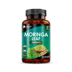 A bottle of New Leaf Moringa Leaf capsules with a label showing the product name, dosage, and additional information. The bottle is brown with a green and white label, and it contains 120 capsules.