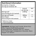 New Leaf Moringa Leaf 120 Capsules 2 Month Supply, nutritional information