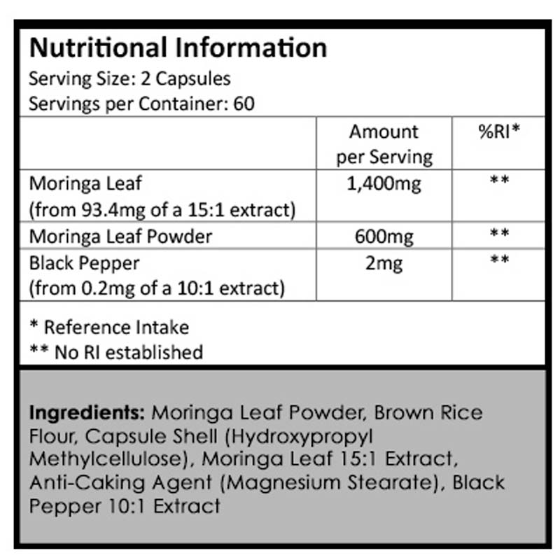 New Leaf Moringa Leaf 120 Capsules 2 Month Supply, nutritional information