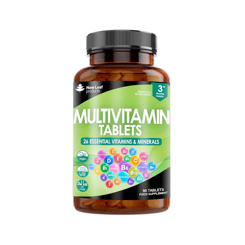 A bottle of New Leaf Multivitamin and Mineral High Strength 90 tablets with a green label, indicating a 3-month supply.