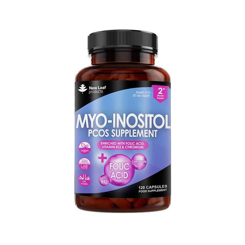 A bottle of New Leaf Myo-Inositol PCOS supplement with 120 capsules, featuring labels for Myo-Inositol, Folic Acid, and Vitamin B12. South Africa