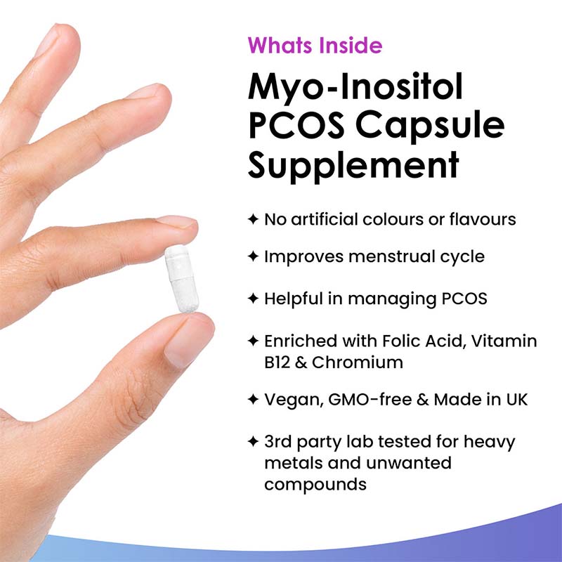 Formulated to support women with PCOS, each capsule contains Myo-Inositol, known for promoting hormonal balance and ovarian health. This supplement is designed to aid in managing PCOS symptoms effectively and naturally