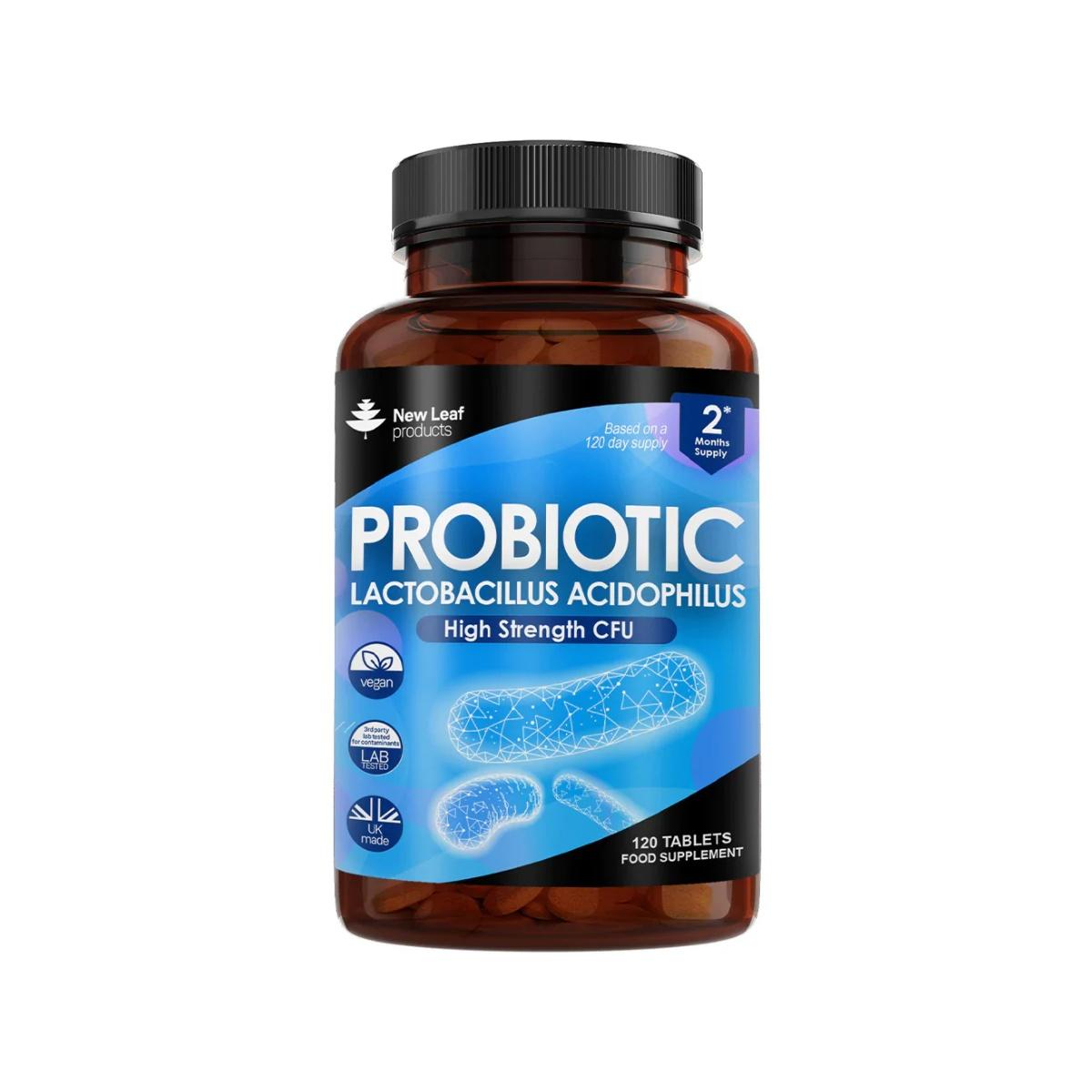 New Leaf Probiotic supplement bottle with blue label on a white background