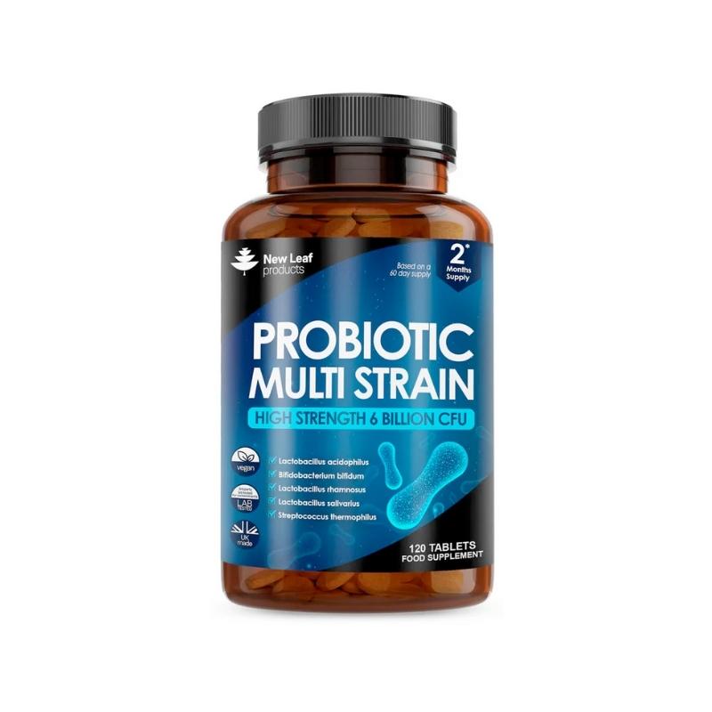 A bottle of New Leaf Probiotic Multi Strain high strength supplements with 120 tablets for a 2 month supply.