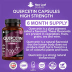 A bottle of New Leaf Quercetin High Strength 500mg with 180 capsules, indicating a six-month supply.