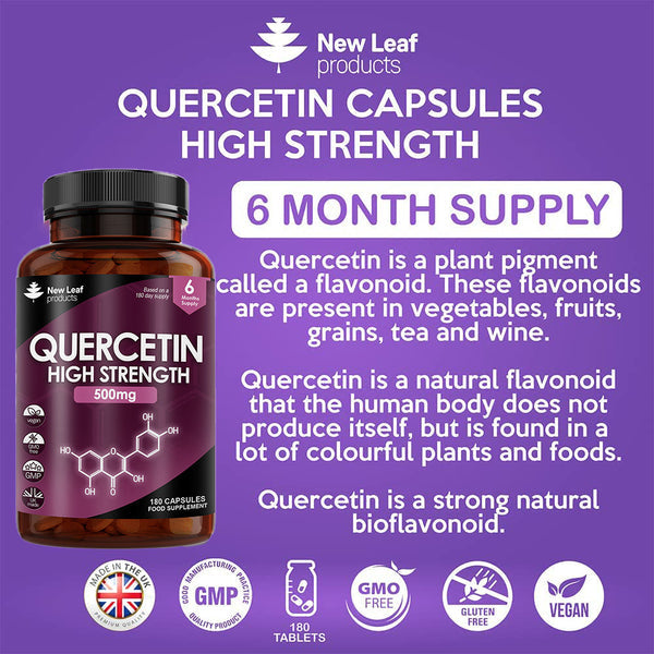 A bottle of New Leaf Quercetin High Strength 500mg with 180 capsules, indicating a six-month supply.