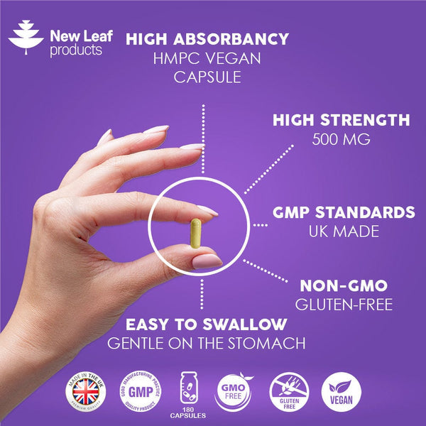 A bottle of New Leaf Quercetin High Strength 500mg with 180 capsules, indicating a six-month supply.