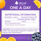 A bottle of New Leaf Quercetin High Strength 500mg with 180 capsules, indicating a six-month supply. Nutritional information