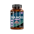 A bottle of New Leaf Sea Moss 4000mg with 120 tablets. The label shows the product name, strength, and an image of sea moss.