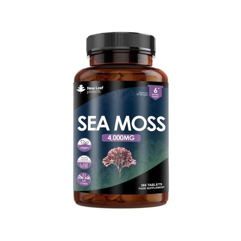 A bottle of New Leaf Sea Moss 4000mg containing 365 tablets, with a label showing the product name and an image of sea moss.