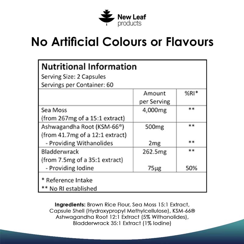 A bottle of New Leaf Sea Moss Complex + Bladderwrack & KSM Ashwagandha 120 Capsules with nutritional information
