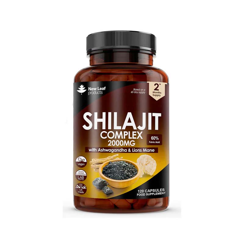 A bottle of New Leaf Shilajit Complex 2000mg capsules with Ashwagandha and Lions Mane, containing 120 capsules.
