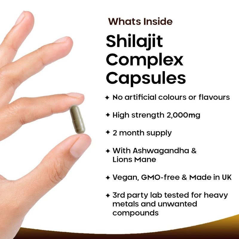 A bottle of New Leaf Shilajit Complex 2000mg capsules with Ashwagandha and Lions Mane, containing 120 capsules.
