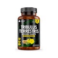 A bottle of New Leaf Tribulus Terrestris 6000mg with Ashwagandha 120 tablets, with branding and product information displayed on the label.