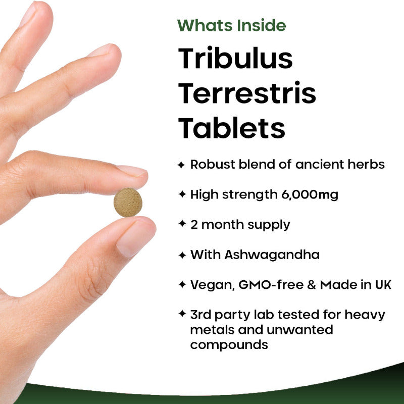 A bottle of New Leaf Tribulus Terrestris 6000mg with Ashwagandha 120 tablets, with branding and product information displayed on the label.