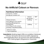 A bottle of New Leaf Tribulus Terrestris 6000mg with Ashwagandha 120 tablets, nutritional ingrdeitns