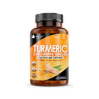 A bottle of New Leaf Turmeric Curcumin & Ginger 2600mg tablets with 180 tablets inside. The label is predominantly orange and white, with an image of a turmeric root and ginger root.