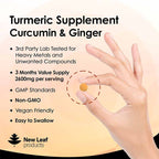 A bottle of New Leaf Turmeric Curcumin & Ginger 2600mg tablets with 180 tablets inside. The label is predominantly orange and white, with an image of a turmeric root and ginger root.