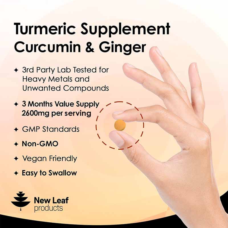A bottle of New Leaf Turmeric Curcumin & Ginger 2600mg tablets with 180 tablets inside. The label is predominantly orange and white, with an image of a turmeric root and ginger root.
