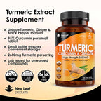 A bottle of New Leaf Turmeric Curcumin & Ginger 2600mg tablets with 180 tablets inside. The label is predominantly orange and white, with an image of a turmeric root and ginger root.