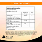 A bottle of New Leaf Turmeric Curcumin & Ginger 2600mg tablets with 180 tablets inside, nutritional ingredients