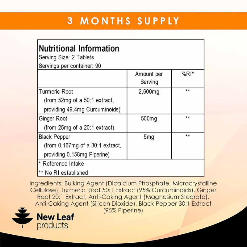 A bottle of New Leaf Turmeric Curcumin & Ginger 2600mg tablets with 180 tablets inside, nutritional ingredients