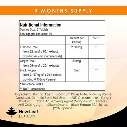 New Leaf Turmeric Curcumin & Ginger 2600mg 180 Tablets