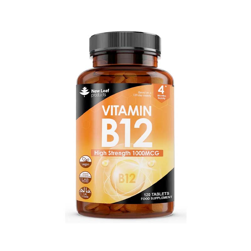 A bottle of New Leaf Vitamin B12 supplement with 1000mcg dosage, containing 120 tablets for a 4-month supply.