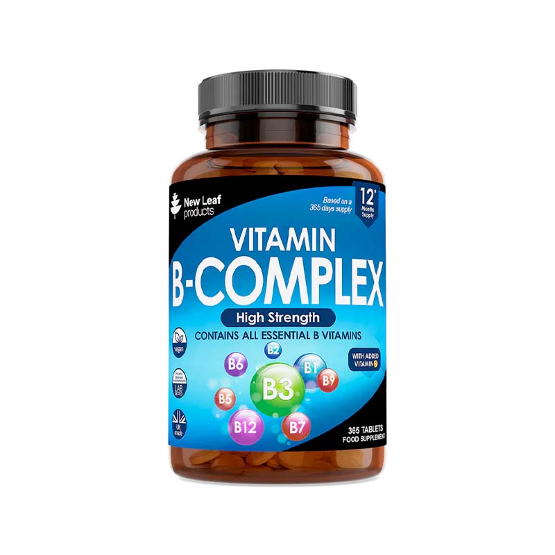 A bottle of New Leaf Vitamin B Complex High Strength 365 tablets, indicating a 12-month supply with 365 tablets.