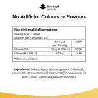 Nutritional ingredients of New Leaf Vitamin D3 1000iu & K2 183 tablets, high strength supplement for bones and cardiovascular health.