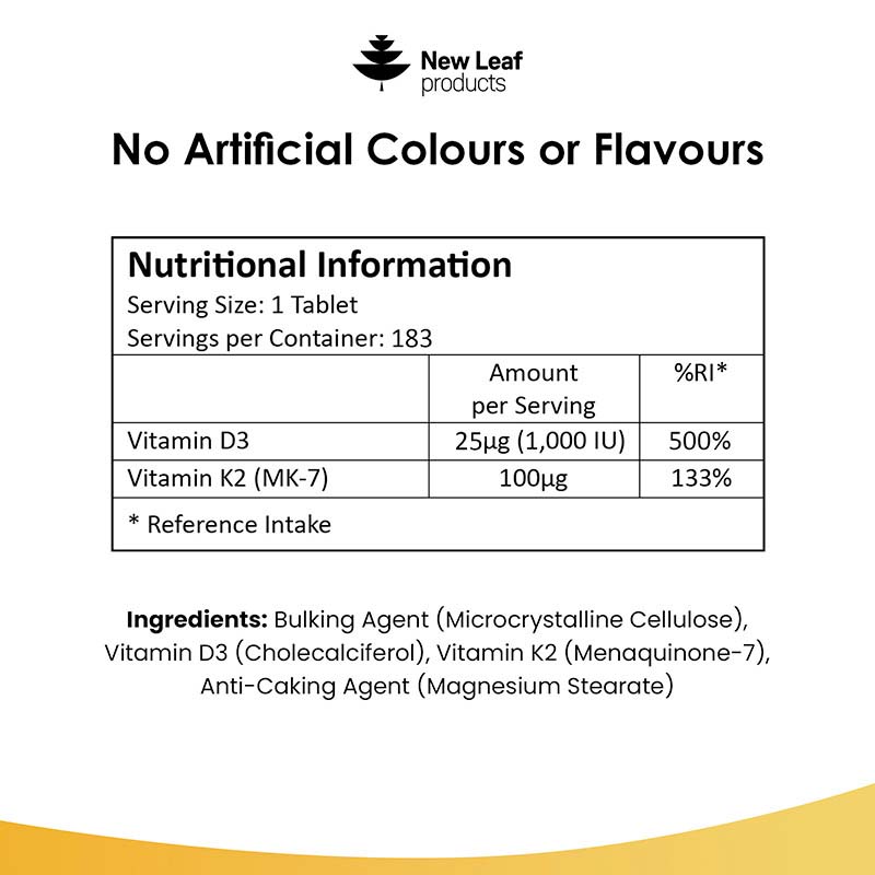 Nutritional ingredients of New Leaf Vitamin D3 1000iu & K2 183 tablets, high strength supplement for bones and cardiovascular health.