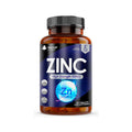 A bottle of New Leaf Zinc High Strength 50mg with 120 tablets, predominantly blue and white label with text detailing the product's purpose and dosage information.