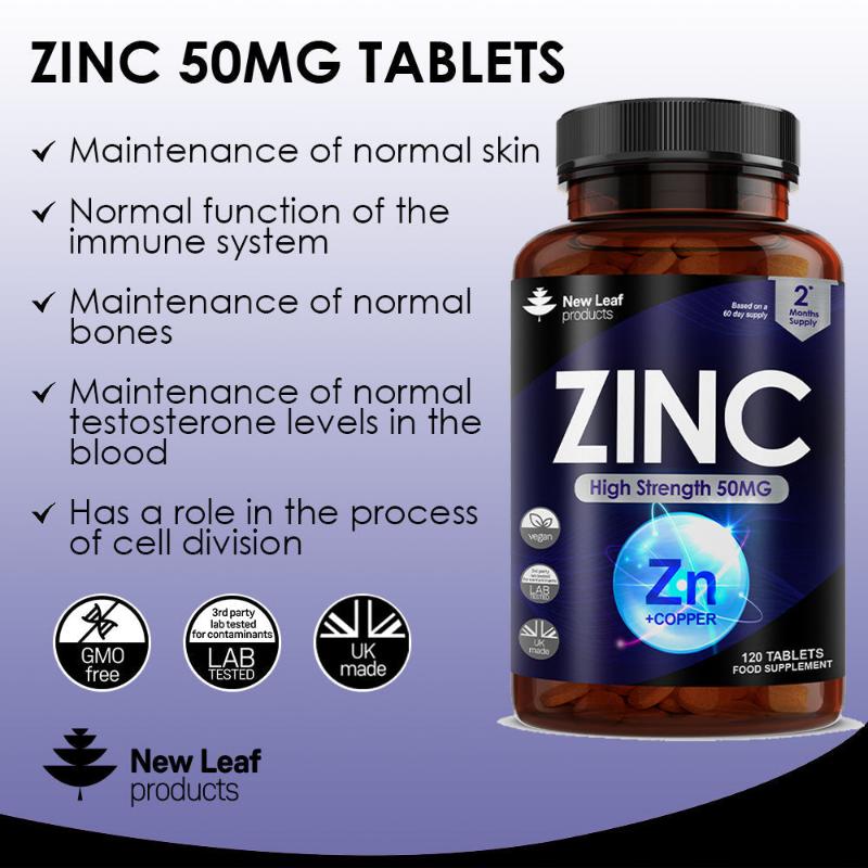 A bottle of New Leaf Zinc High Strength 50mg with 120 tablets, predominantly blue and white label with text detailing the product's purpose and dosage information.