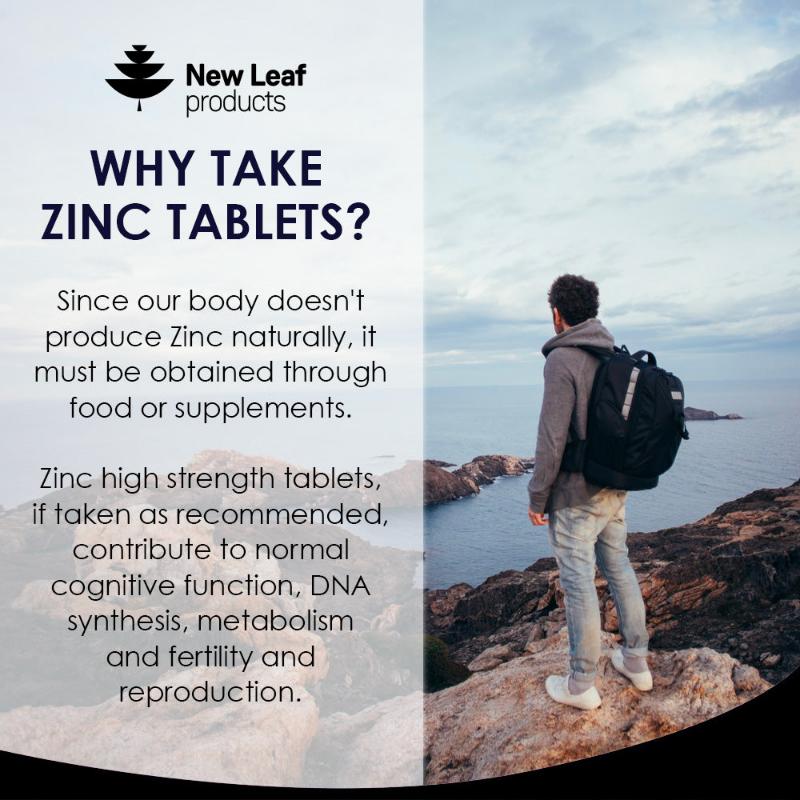 A bottle of New Leaf Zinc High Strength 50mg with 120 tablets