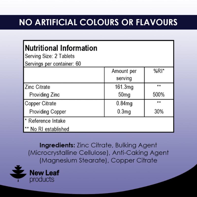 A bottle of New Leaf Zinc High Strength 50mg with 120 tablets, predominantly blue and white label with text detailing the product's purpose and dosage information.