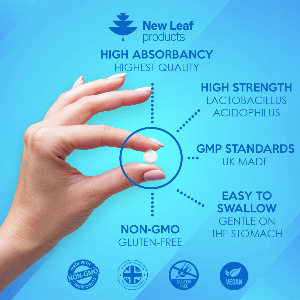 New Leaf Probiotic supplement bottle with blue label on a white background